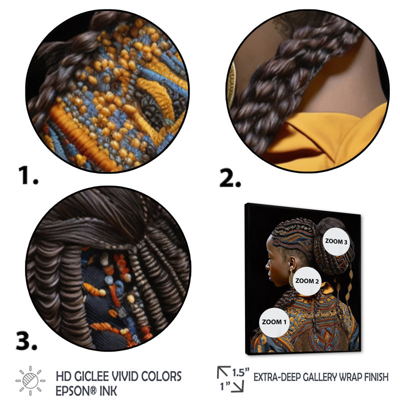 Femme afro-américaine, vêtements traditionnels I sur toile, H 20 po x l 12 po x P 1 po, Cadre flottant noir