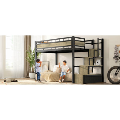 Low Loft Bed, With Stairs & Guardrail, Heavy ,Spaces-Saving