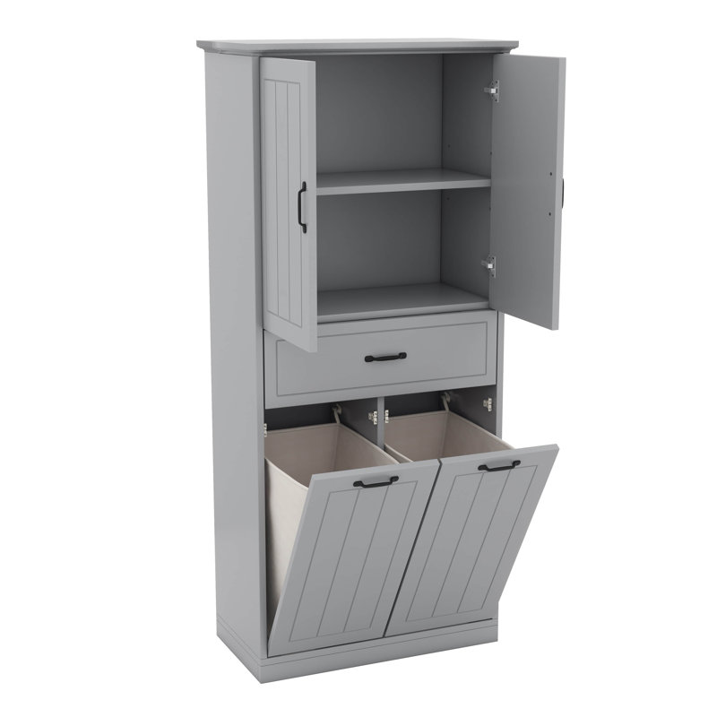 Armoire de rangement pour la maison avec deux paniers à linge, portes et tiroir, Gris