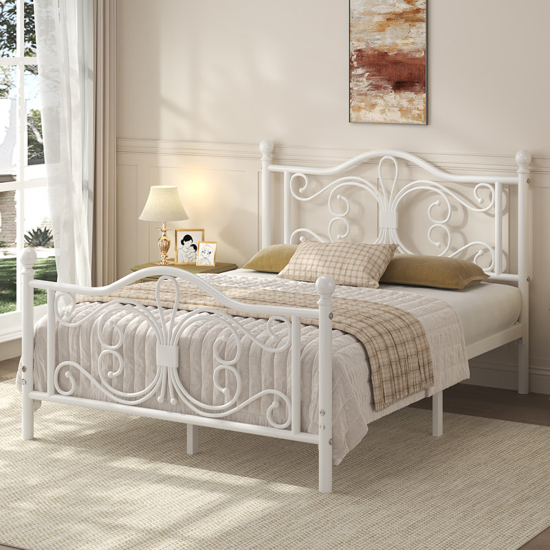 Anterrio Metal Open-Frame Bed with Butterfly Pattern Design Headboard and Footboard, Twin, White