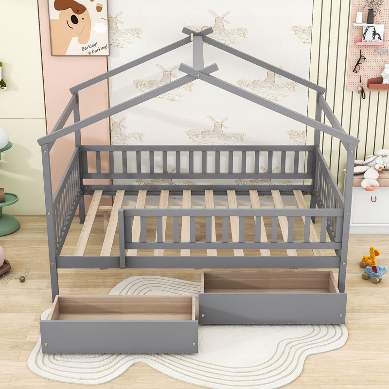 Lit en bois avec 2 tiroirs, toit et garde-corps, Gris, Double