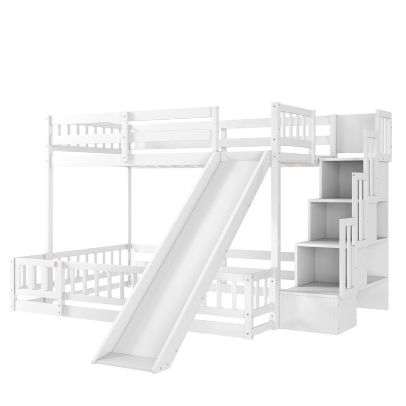 Lit simple superposé au dessus d'un lit double avec glissade, escalier de rangement, lit superposé en bois de pin massif avec garde-corps