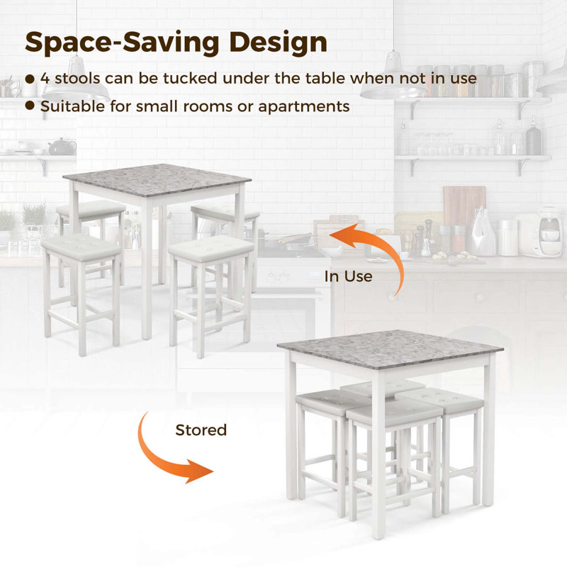 Ebern Designs 5 Pcs Bar Table Set Square Dining Table & 4 Pvc Leather Upholstered Bar Stools, White/Gray