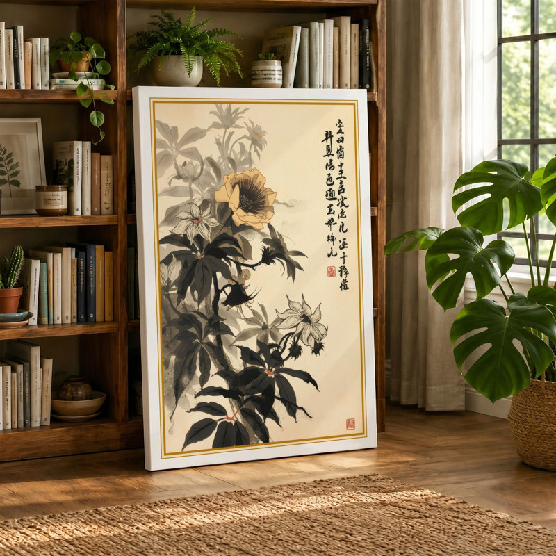 Contemplative Sunflower Japandi - Wrapped Canvas, 36x24 - 91.4 x 61.0 cm, Sage Border