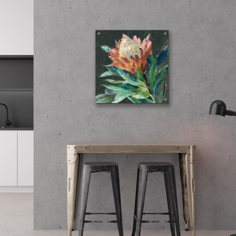 Art mural en verre épique «Deep Protea C» par Danhui Nai, H 24 po x l 24 po x P 0,2 po