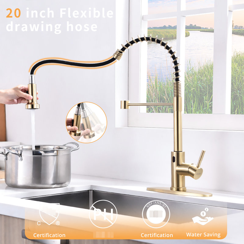 Automatic Smart Hands Kitchen Faucet In Brushed Gold, Touchless With Motion Sensor And Practical Pull Out Construction
