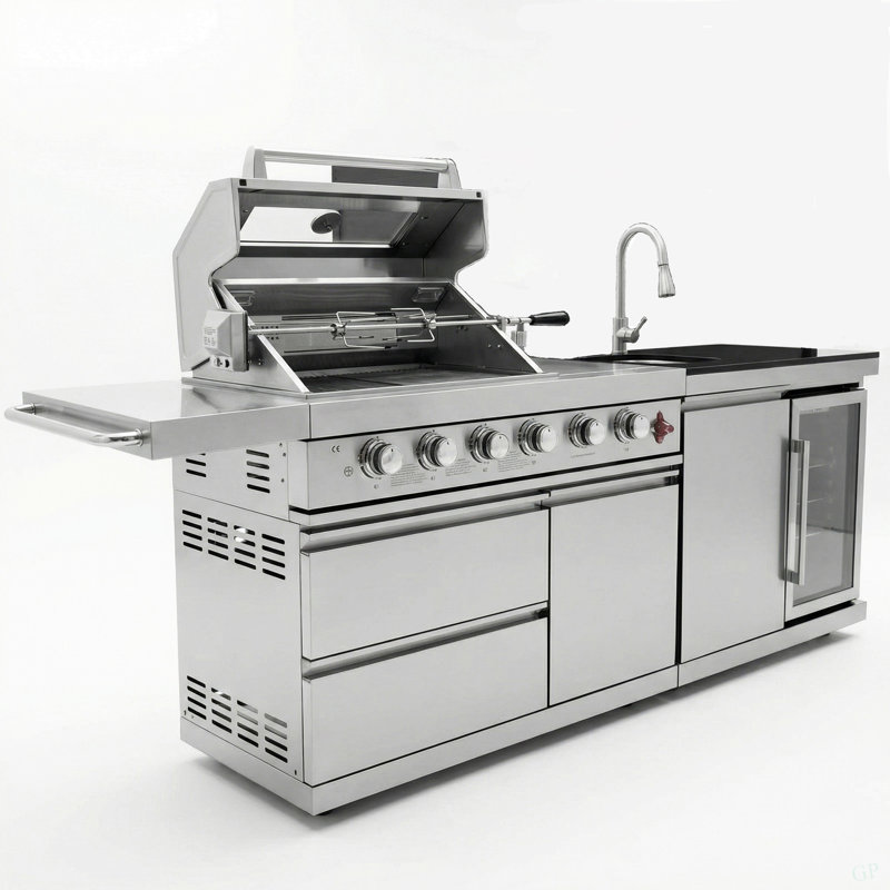 84-Inch Deluxe Stainless Steel Outdoor Kitchen Barbecue Island Grill, 5-Burner 75300 BTU, SS304 Material With Sink, Wine Cooler, Refrigerator, Granite Countertops & Rotisserie Kit