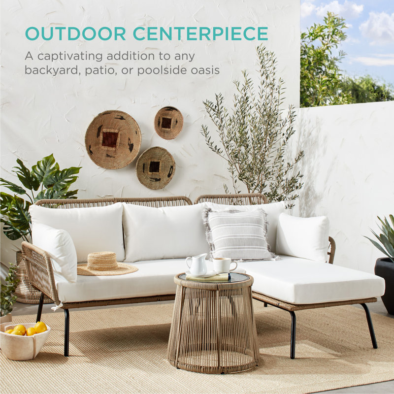 Ensemble de conversation modulaire en corde tissée avec table en L Ebern Designs, Beige, Blanc