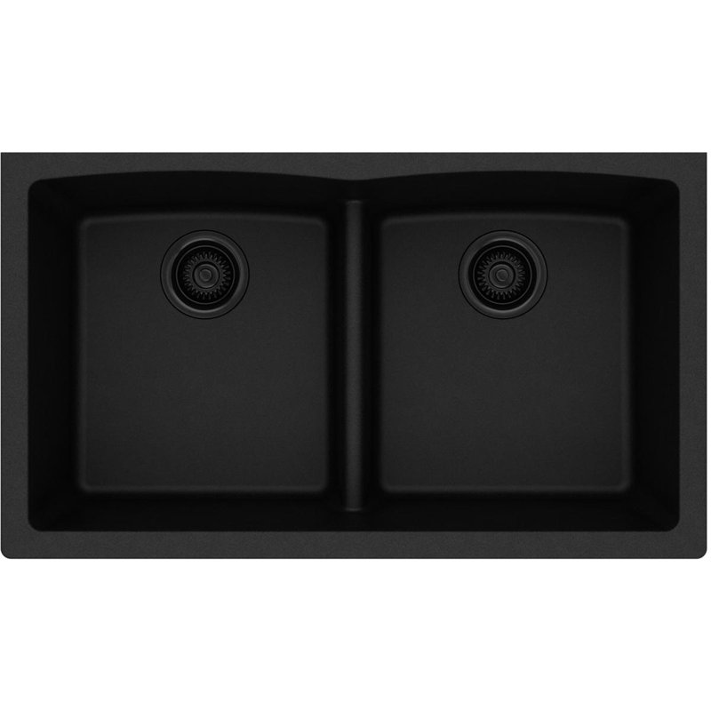 Évier de cuisine à double cuve encastrée avec diviseur turquoise Quartz Classic 33 po x 19 po x 10 po, Noir