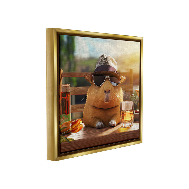 «Capybara & Summer Scenery», art mural encadré flottant par Jim Baldwin, Cadre flottant métallique doré, H 18 po x l 18 po