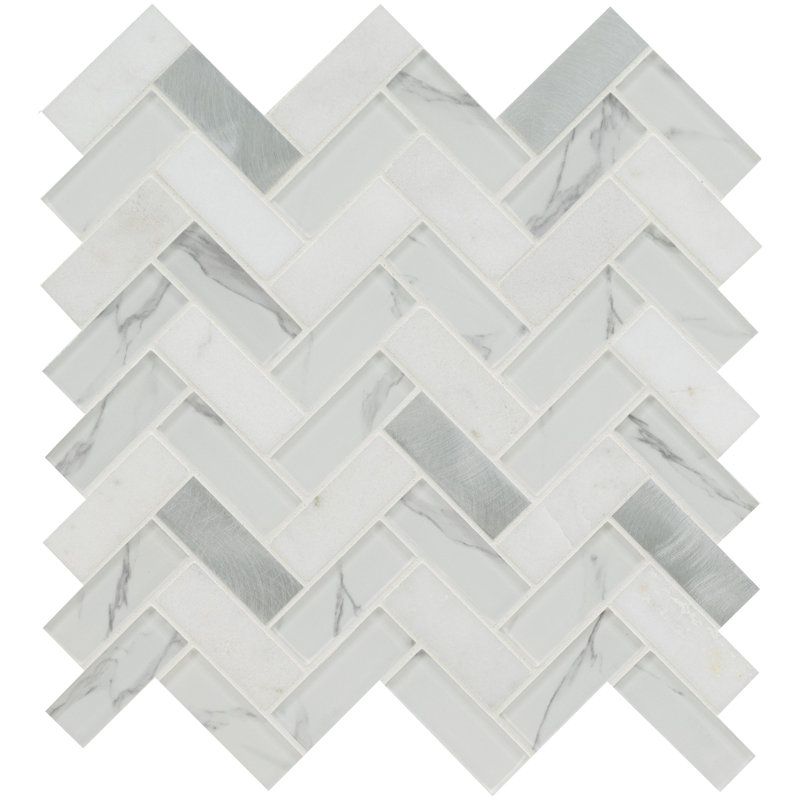Carrelage mural mosaïque blanc en verre et métal à chevrons 12 po x 12 po Etherea