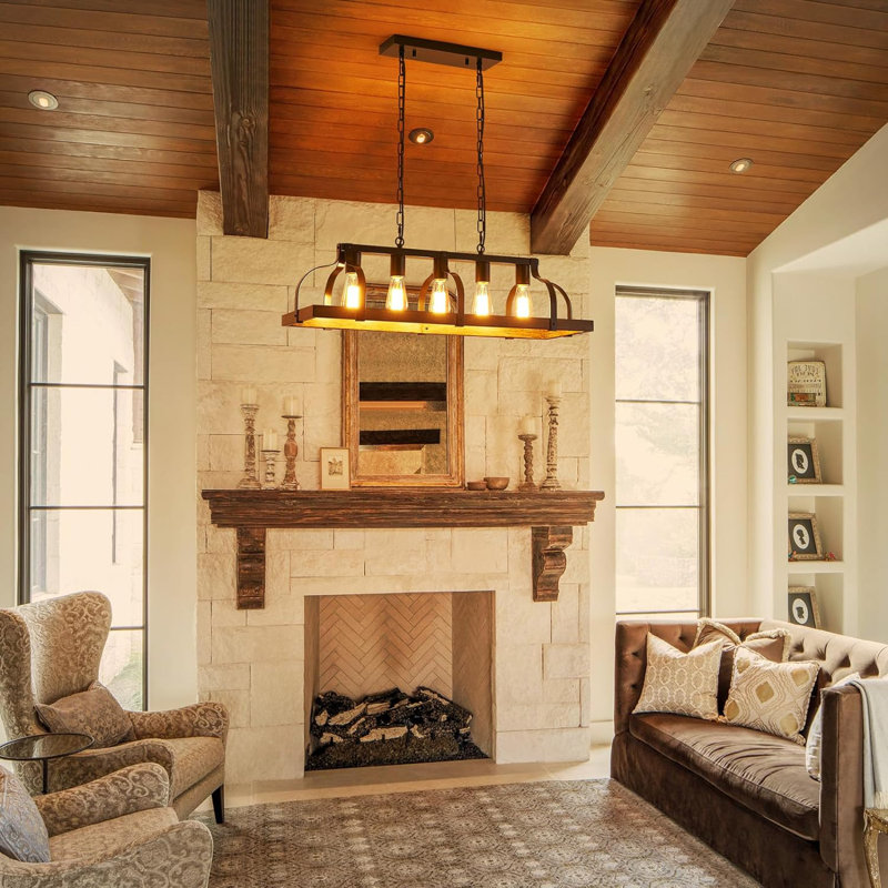 Rustic Black and Wood Grain Linear Pendant Chandelier