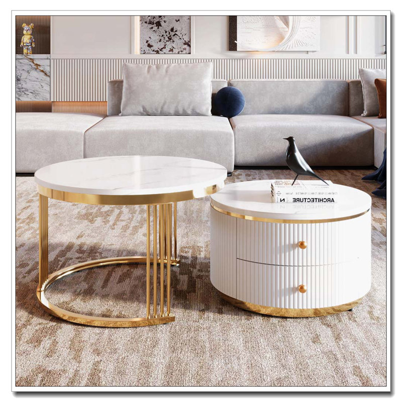 Table basse ronde et gigogne avec tiroirs