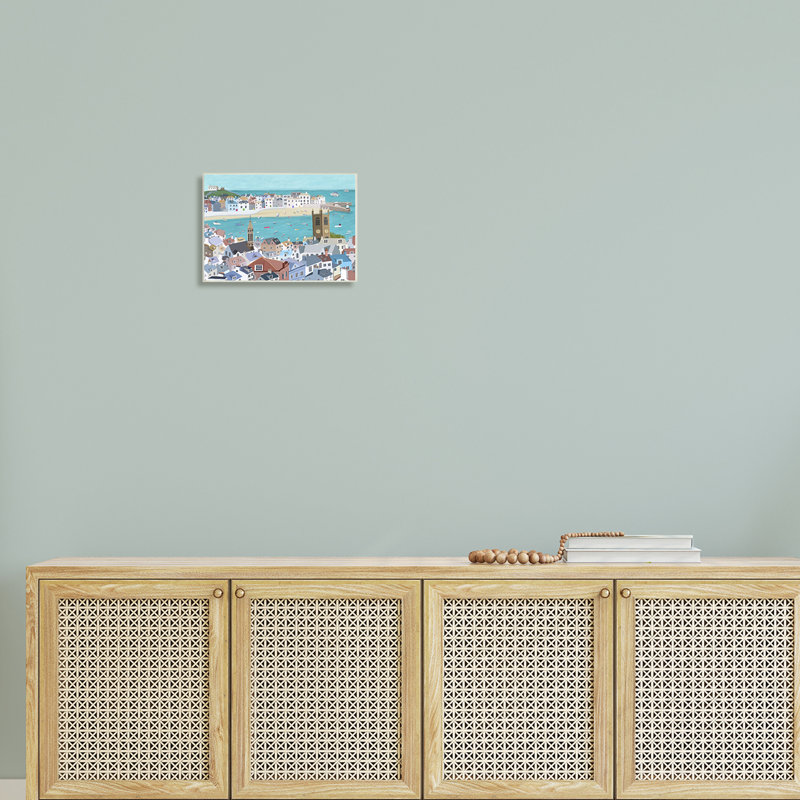 «Beach Town City Buildings Ocean View Illustration» par Carla Daly - impression, H 10 po x l 15 po x P 0,5 po, Plaque murale
