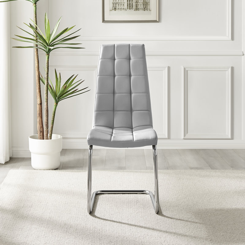Marietta Chrome Metal and White High Gloss Dining Table Set - 4 Modern Faux Leather Dining Chairs, Elephant Grey