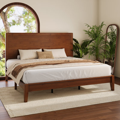 Handcrafted Japanese Joinery Solid Wood Platform Bed Frame with Headboard and Wooden Slats