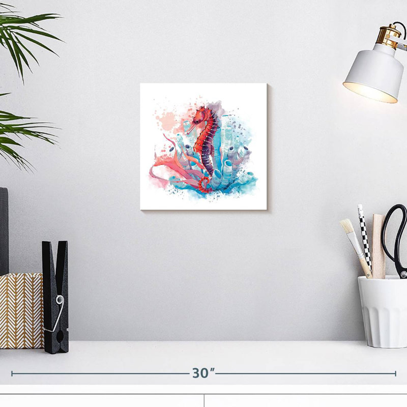 Hippocampe Brampt et éclaboussure de corail, H 10 po x l 10 po