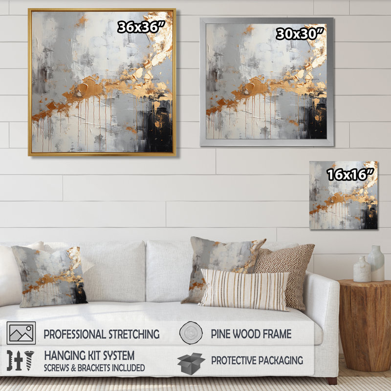 «Gilded Elegance» noir et gris - art mural abstrait, H 16 po x l 16 po, Cadre flottant doré