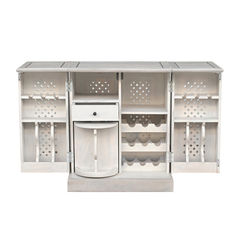 Bar extensible en bois massif avec support à verres à pied et rangement pour bouteilles, Blanc