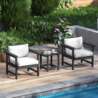 Ensemble de canapé d'extérieur 3 pièces Hdpe avec coussins, accoudoirs larges et table basse Hdpe