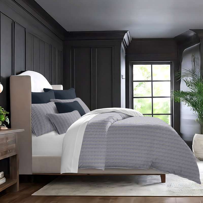 Walker Ticking Stripe Indigo/Ivory Cotton Coverlet Set, California King Coverlet/Bedspread + 2 King Shams