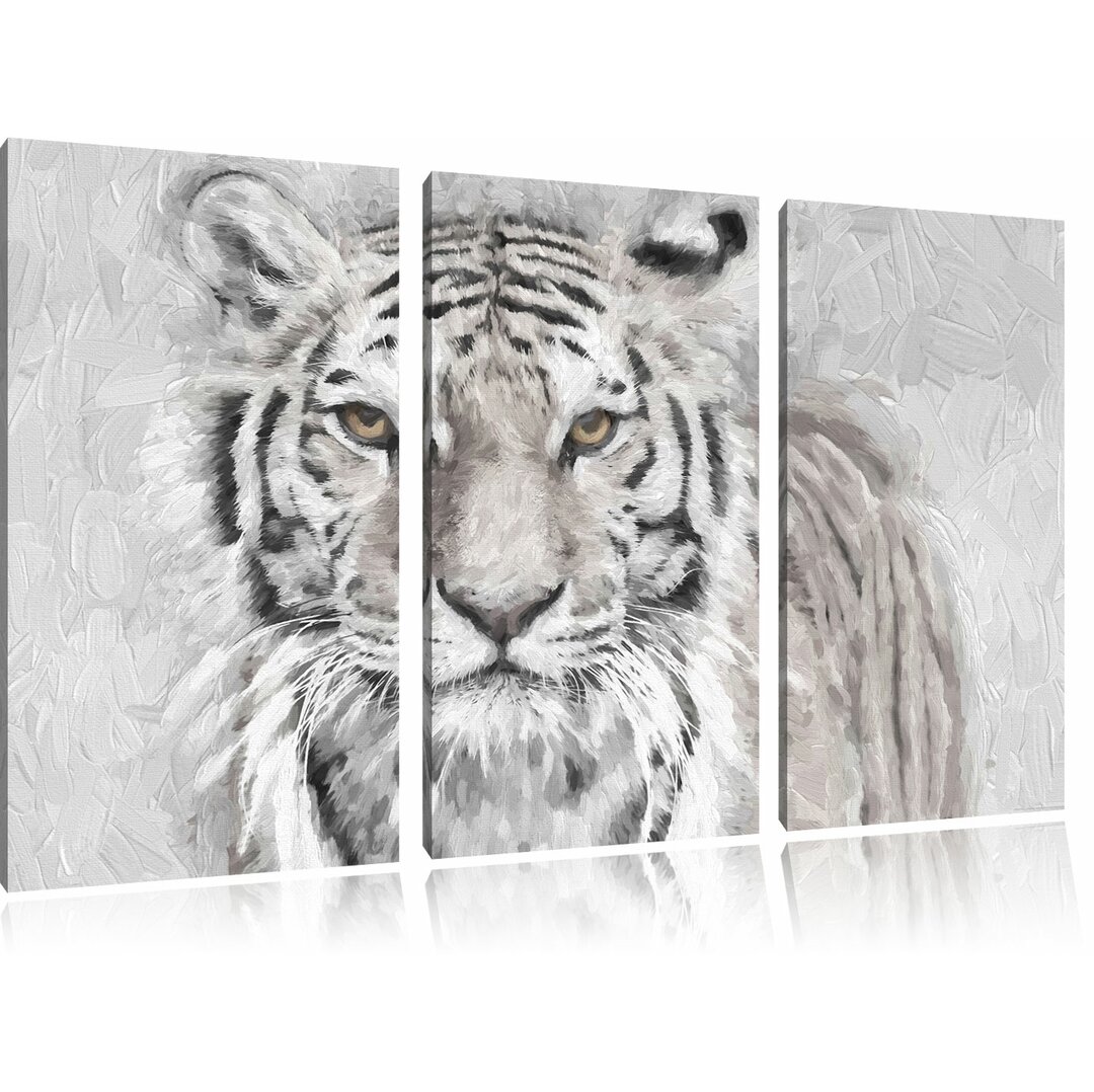 3-tlg. Leinwandbilder-Set „Anmutiger Tiger in Schwarz / Weiß“, Grafikdruck