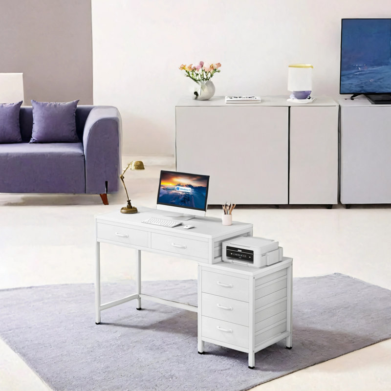 Bureau d'ordinateur réversible avec 5 tiroirs et classeur, Blanc