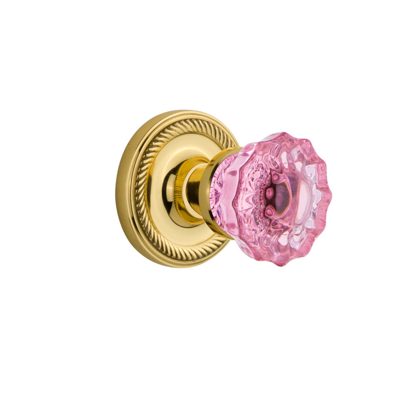 Rosette en corde avec bouton de porte rose cristal, Laiton poli, 2 3/4