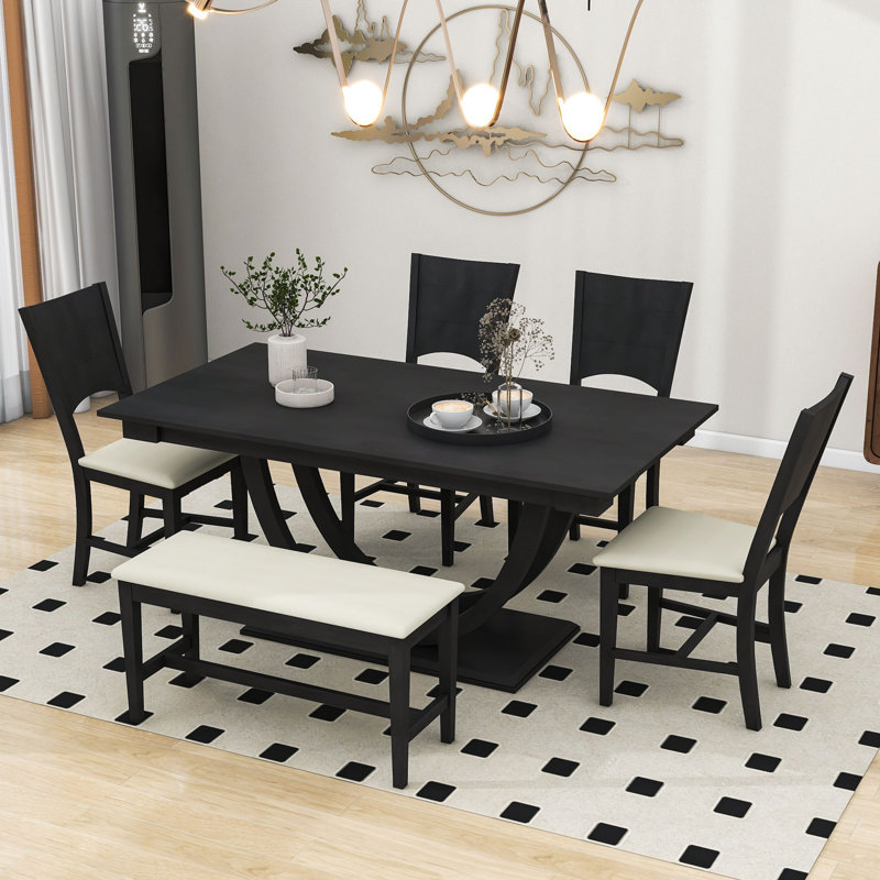 Burg 6 - Piece Pedestal Dining Set, Kitchen Table Set with Bench and 4 Dining Chairs, Gray