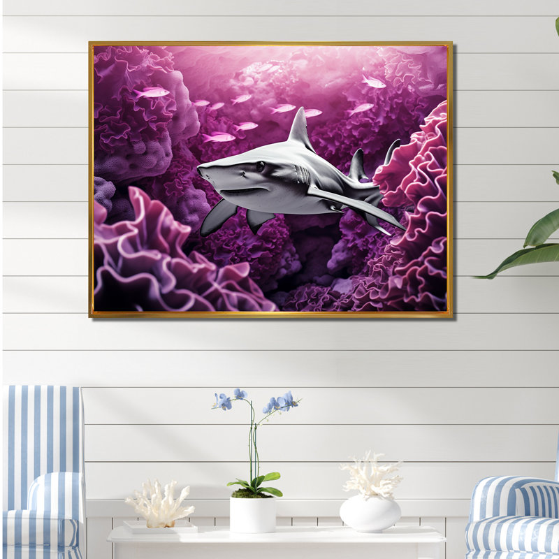 " Hammerhead Purple Sharks I ", 30" H x 40" W x 1.5" D, Gold Floater Framed