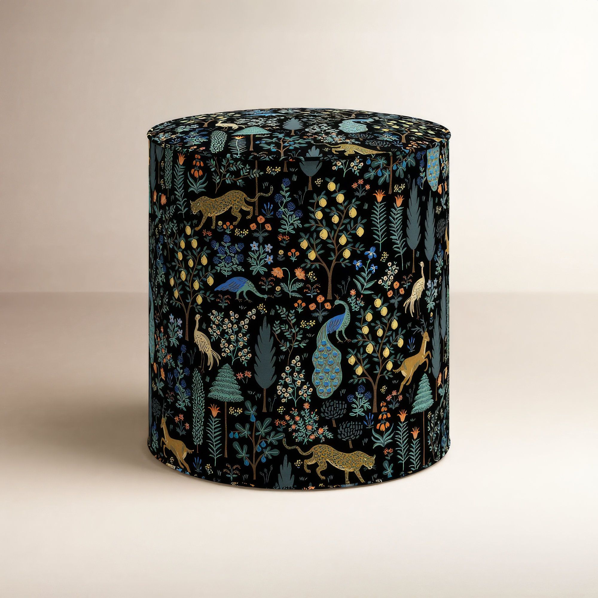 Rifle Paper Co. x Cloth & Company Billie Ottoman, Black Menagerie Linen Blend