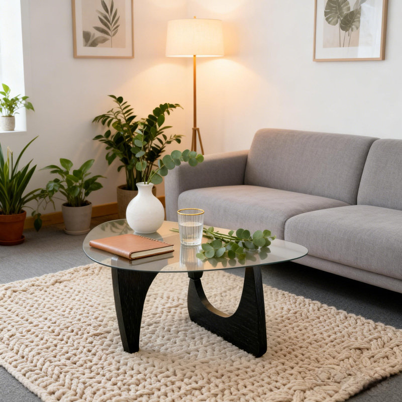 Table basse moderne triangulaire avec base en bois massif et table d'appoint en verre Triangle