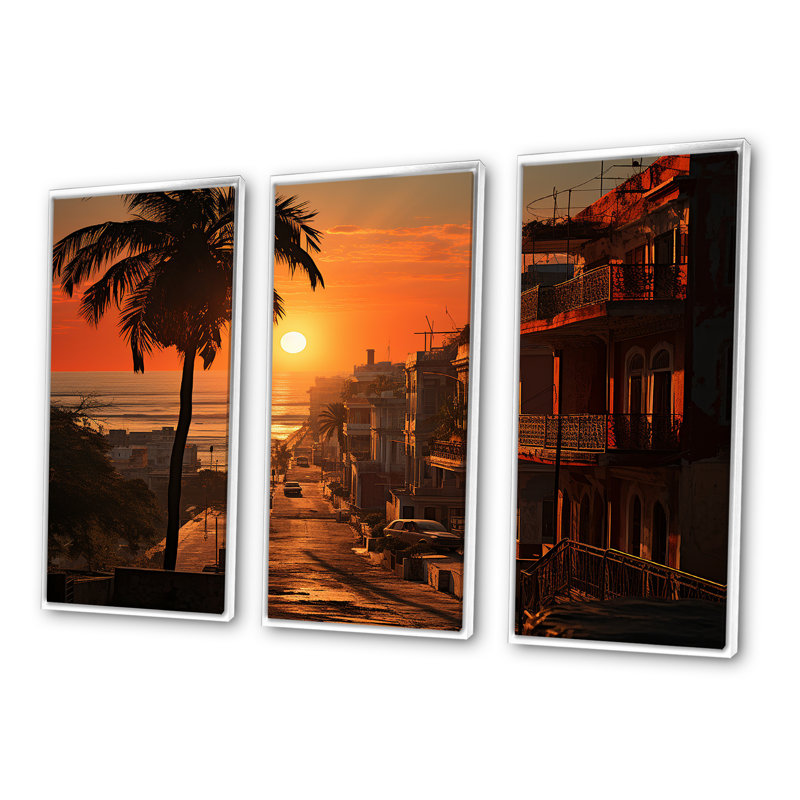 Ensemble de salon Havana Sunset Panorama II - Cuba Wall Art, Cadre flottant blanc, H 32 po x l 48 po x P 1 po