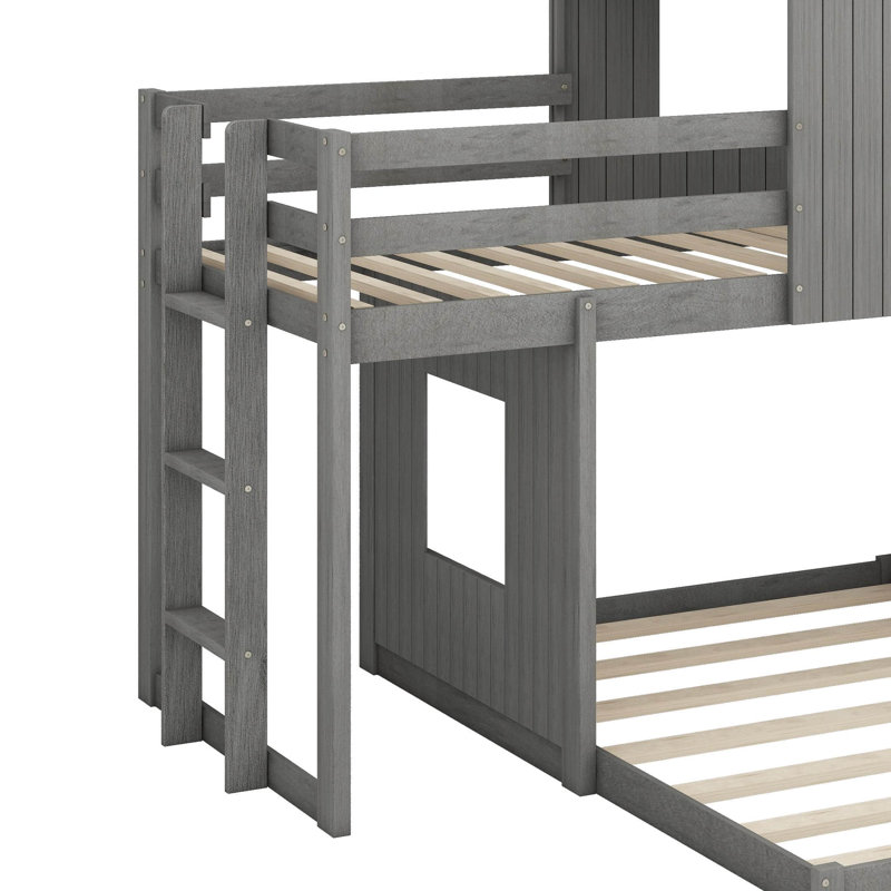 Wooden Twin Over Full Bunk Bed, Loft Bed With Playhouse, Farmhouse, Ladder And Guardrails, Antique Gray