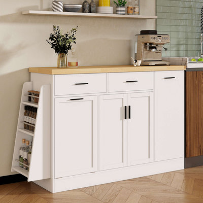Multi-Functional Storage Sideboard, Trash Can Storage, Sliding Door Cabinet & 3-Tier Spice Rack,Kitchen Island Table
