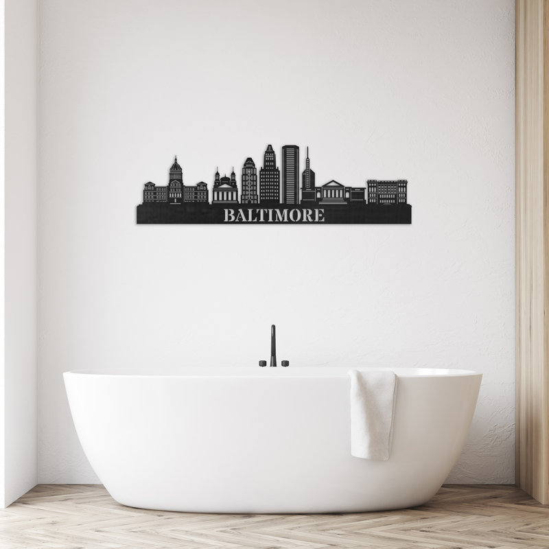 Décoration murale en bois Baltimore City Skyline, H 14 po x l 46 po x P 0,25 po, Naturel