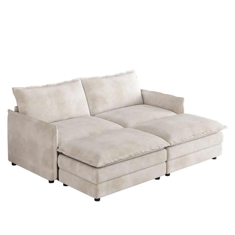 2 fauteuils en velours côtelé pour des moments de détente, repose-pieds amovibles, structure en bois massif, fauteuil inclinable profond, revêtement en tissu, ambiance calme dans le salon, avec 2 poufs, construction, intérieur confortable