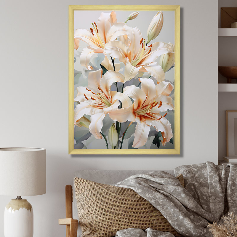 «Beige Lilies Simple Tranquility IV» sur toile, Cadre doré simple, H 44 po x l 34 po x P 1,5 po