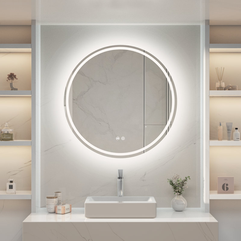 Round LED Bathroom Mirror, Anti-Fog, 3 Colors and Dimmable Light, 36" x 36"
