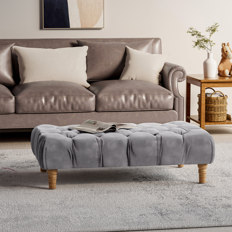 Gaudreau 90Cm Wide Velvet Tufted Rectangle Ottoman, Grey