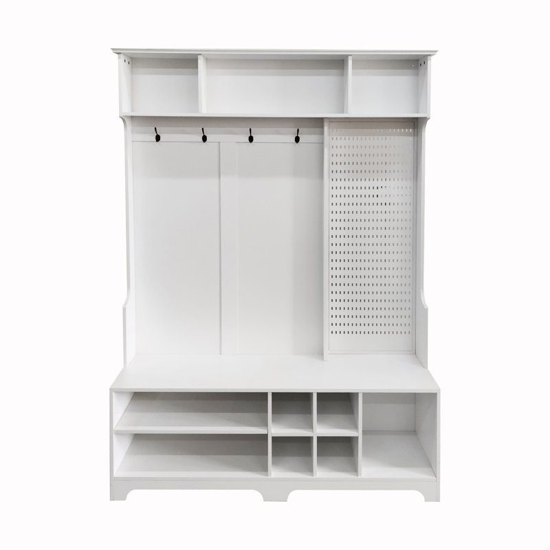 Hall Tree with Shoe Bench and Pegboard, White