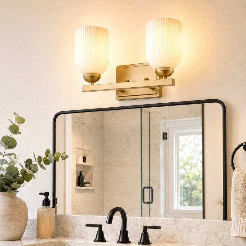 Applique murale de meuble-lavabo 2 lumières avec abat-jour en verre givré nervuré, or brossé, Or brossé, Deux lumières