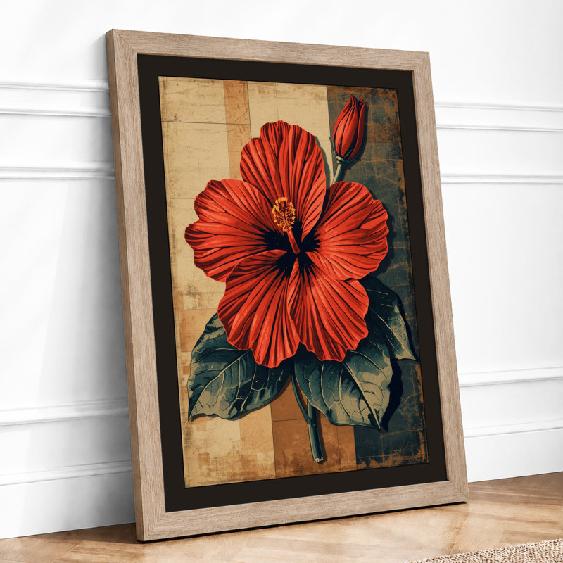 Crimson Hibiscus Botanical - Framed Print, A4 - 29.7 x 21.0 cm, Oak