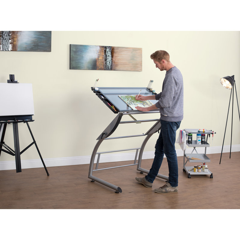 Cournoyer Glass Steel Drafting Table, Blue