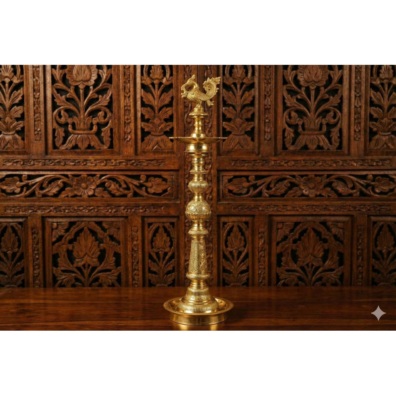 Handmade 42-Inch Superfine Engraved Annam Peacock Lamp – Large South Indian Brass Diya with Multitier Wick Display for Temple, Festive, or Statement Décor