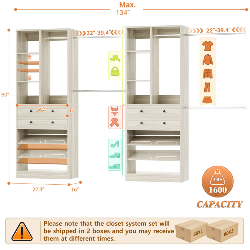 Système de placard avec 4 tiroirs en bois et étagères à chaussures, Chêne blanchi