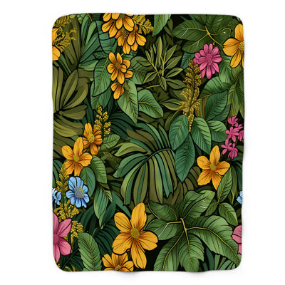 Vibrant Jungle Flower Delight - couverture en sherpa de qualité supérieure 1 pièce