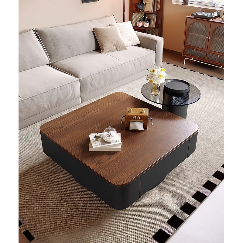 Ensemble de tables basses gigognes Mid-Century avec tiroirs de rangement en bois massif et table d'appoint en verre trempé, noyer / noir