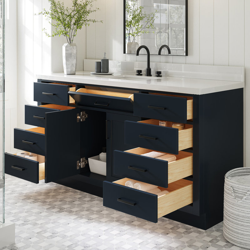 Meuble-lavabo simple en bois massif 66 po avec plateau en quartz blanc Thornaby, Forme rectangulaire, Bleu minuit