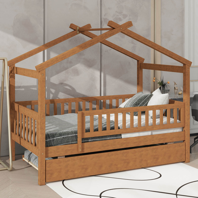 Lit simple en bois avec lit gigogne assorti, lit plateforme en bois avec clôture, Noyer
